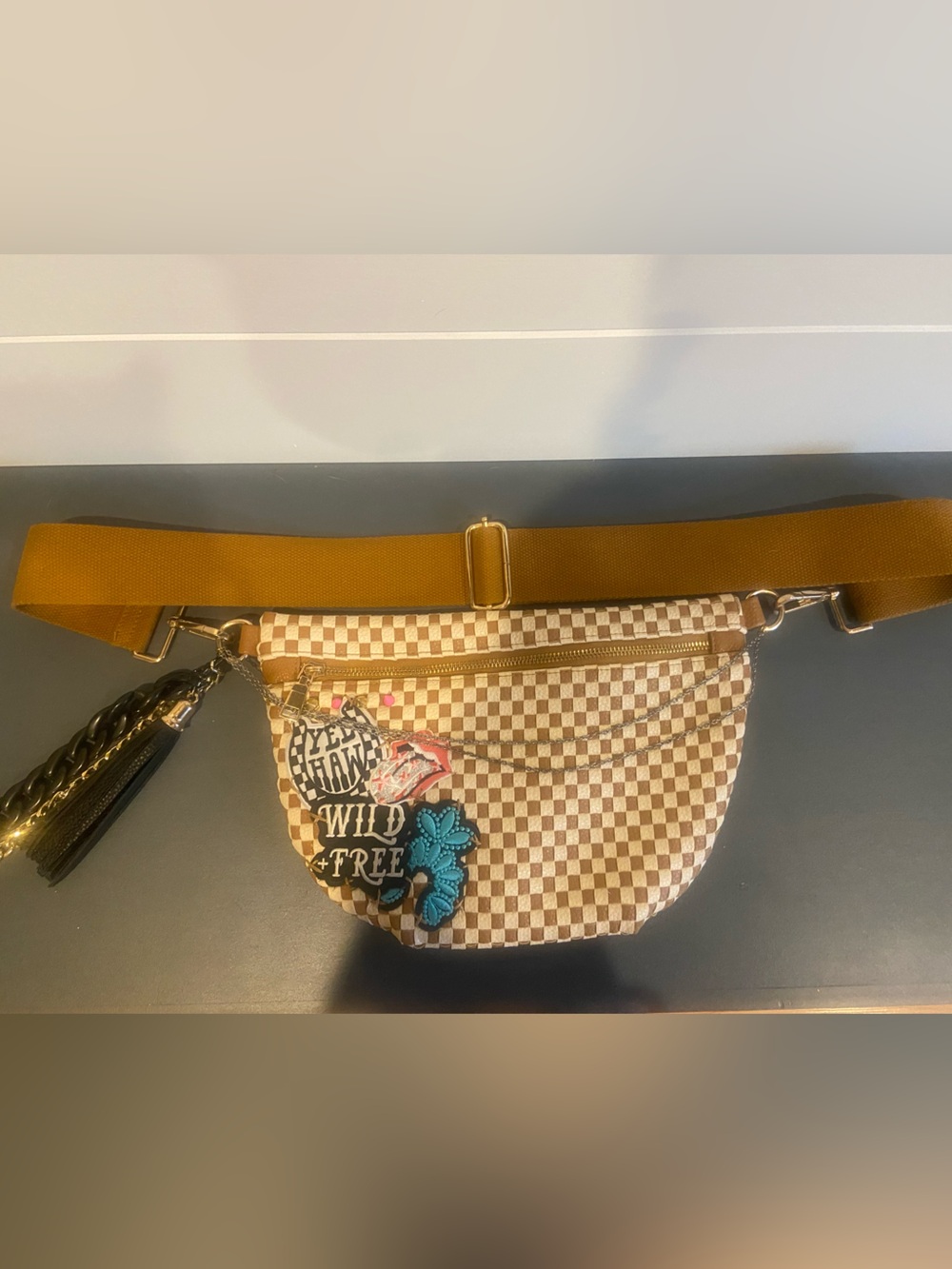 Custom Checked Canvas & Vegan Leather Crossbody Belt Bag in Beige and Brown